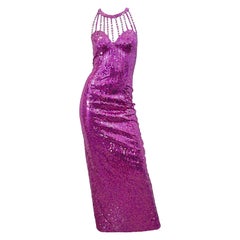1980s Lillie Rubin Hot Pink Size 6 Fully Sequined Cage Neck Vintage 80s Gown
