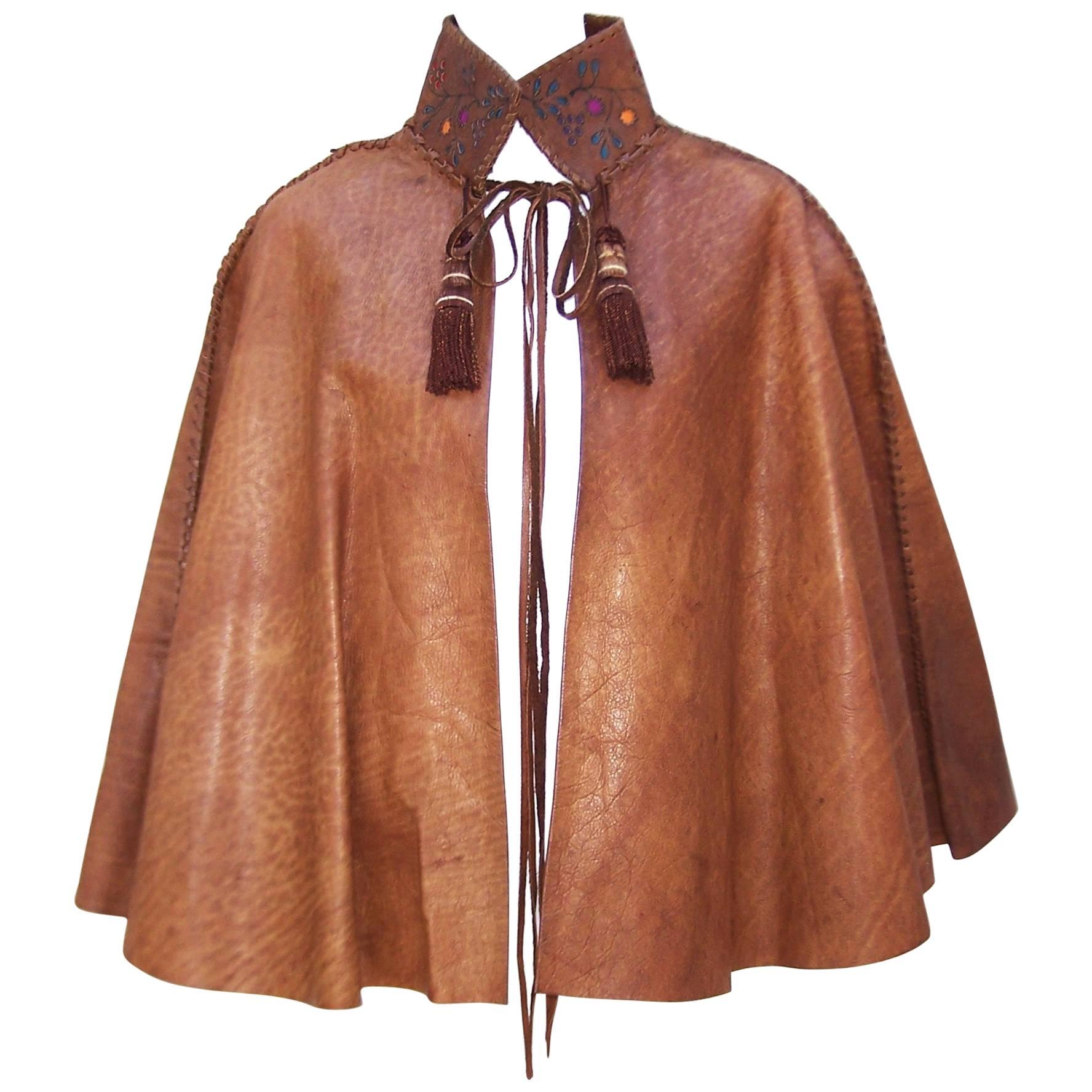 Early 1970s Fred Leighton for Char Leather Cape With Hand Painted Cut Out Collar