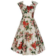 Vintage 1950's Metallic Rose-Garden Floral Print Beaded Sequin Cotton Full-Skirt Dress