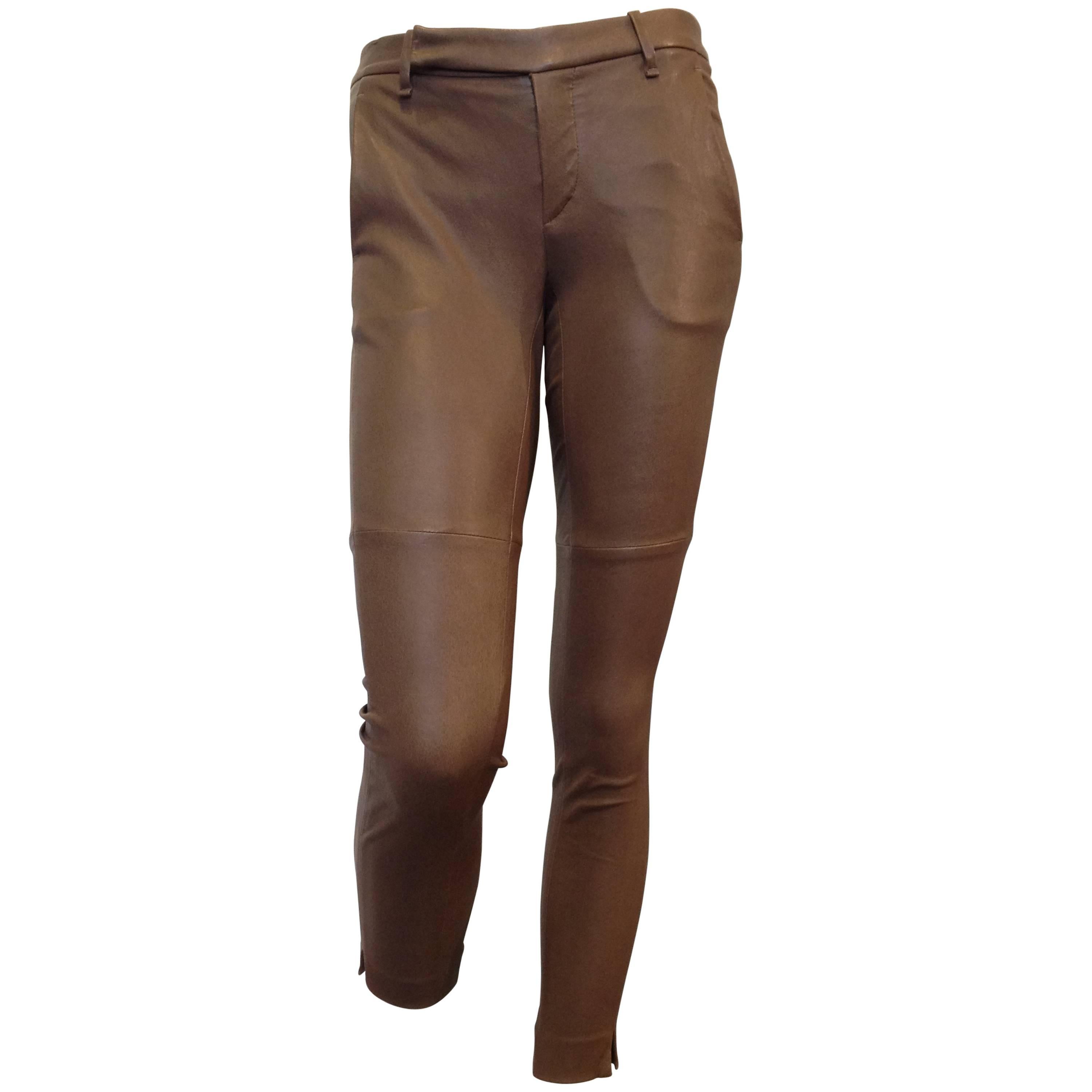 Brunello Cucinelli Toffee Brown Leather Pant Size 38 (2)