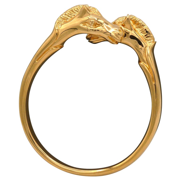 Hermes Paris Vintage Gold Toned Double Horse Head Bangle Bracelet For Sale