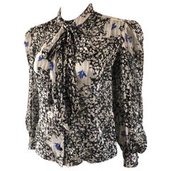 Vintage David Hayes Black & White Silk Floral Pussy Bow Blouse Size 4 