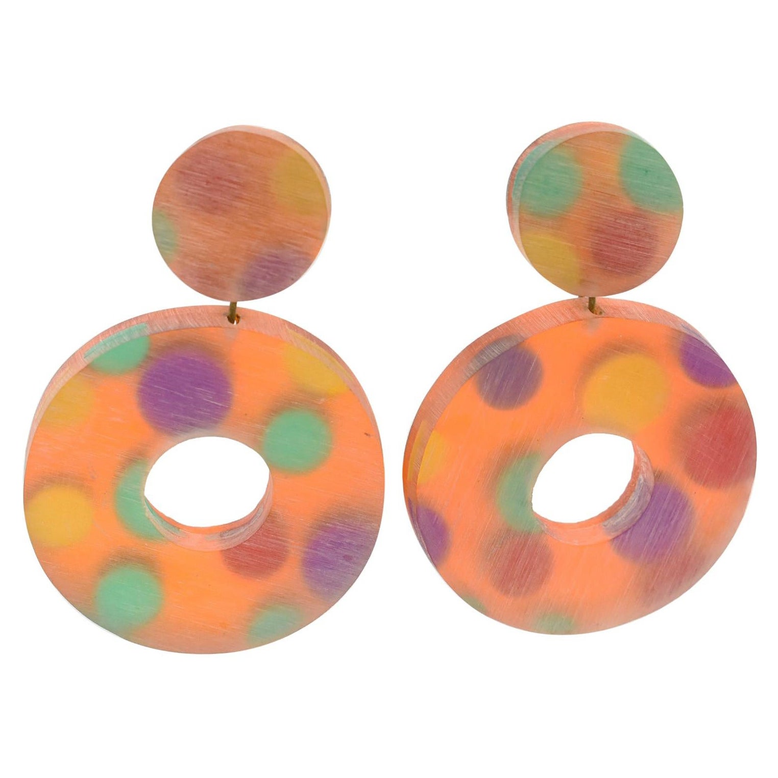 Kaso Oversized Lucite Clip Earrings Orange Donut Multicolor Polka Dots For Sale