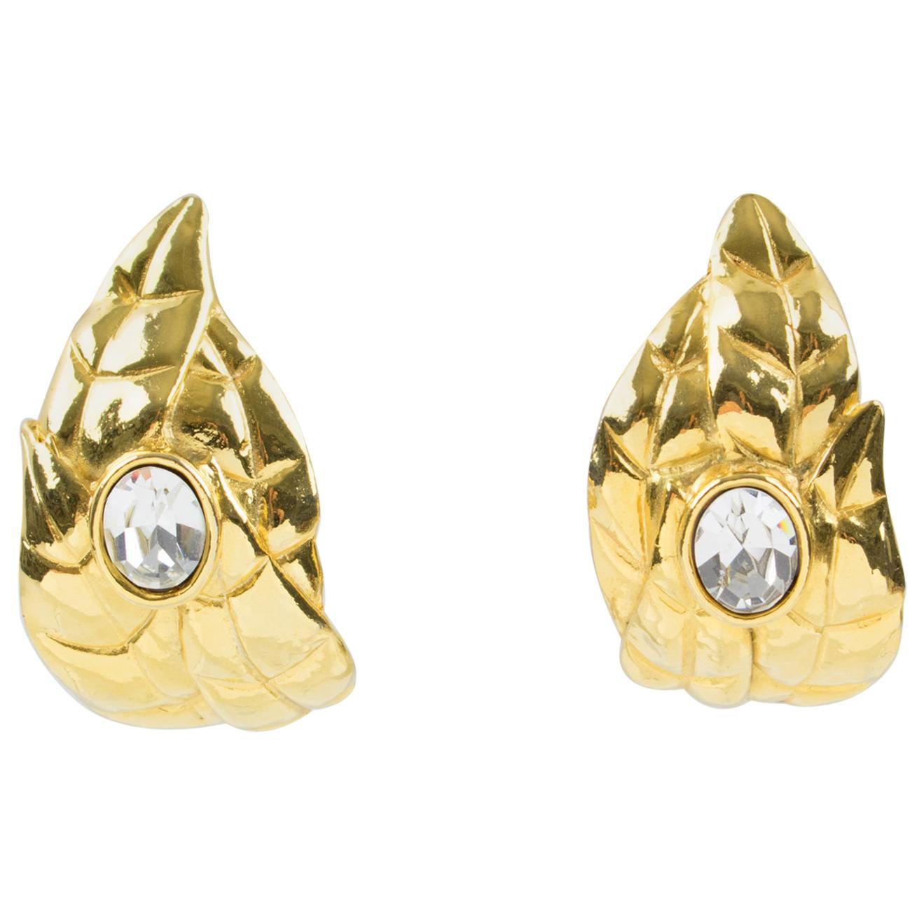 Ines de la Fressange Paris Jeweled Clip Earrings Gilt Metal Carved Leaf For Sale