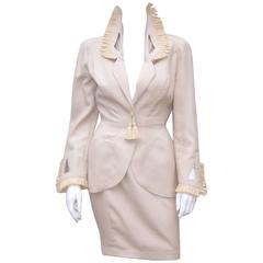 c.1990 Thierry Mugler Linen Skirt Suit with Raffia Trim 7