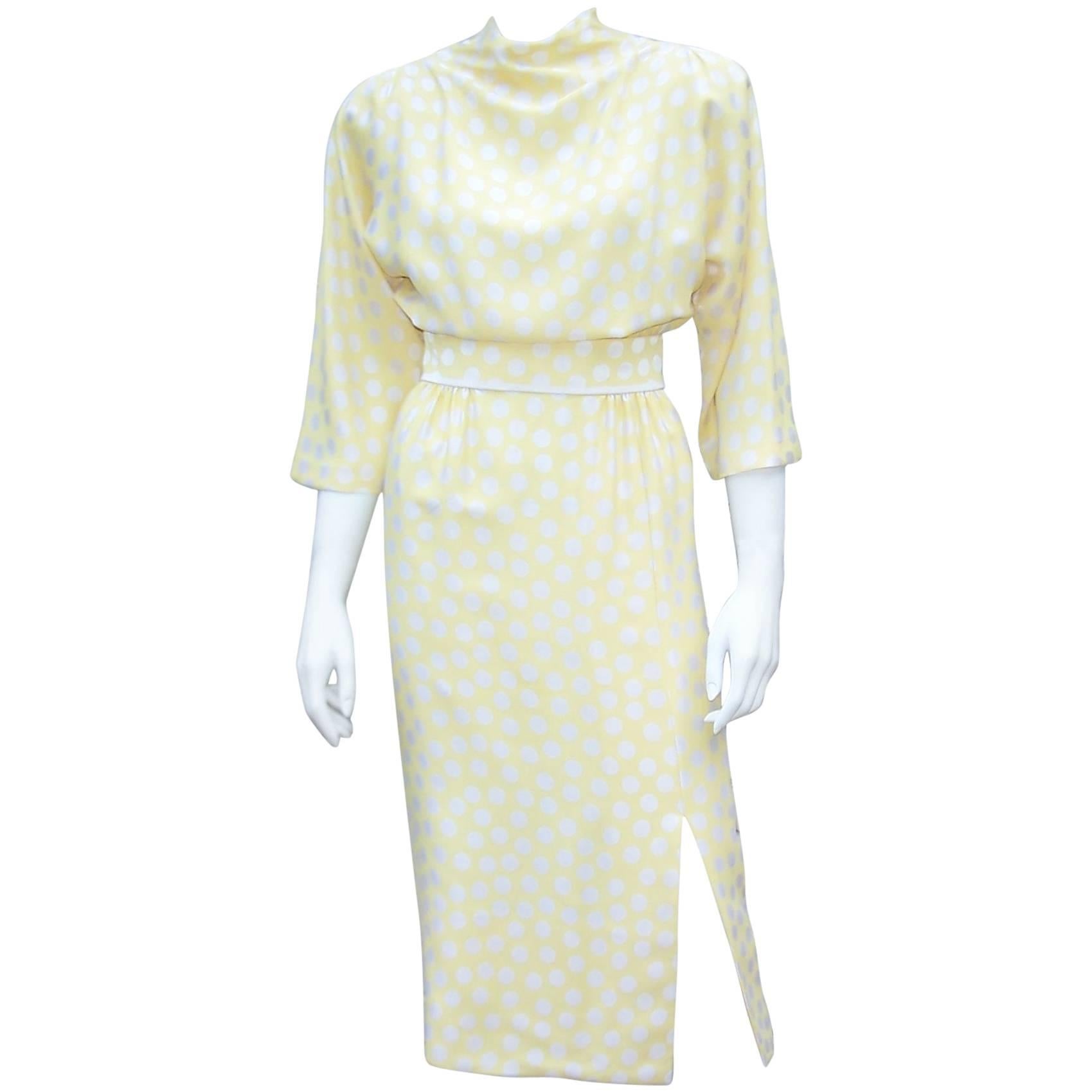 1980s Pauline Trigere Buttery Silk Polka Dot Dress