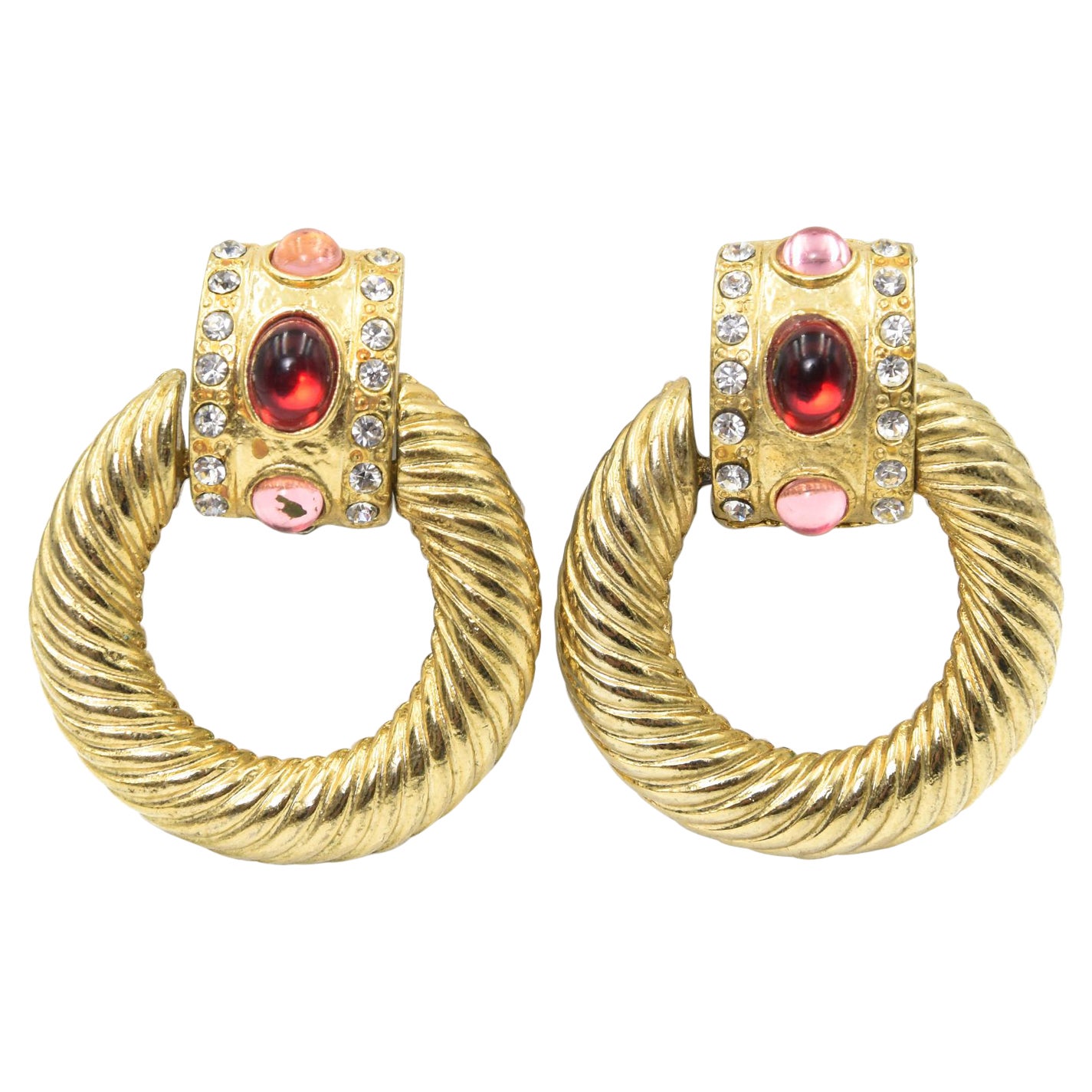 1980s Large Gold Plated Red Pink Clear Rhinestone Door Knocker Clip On Earrings For Sale
