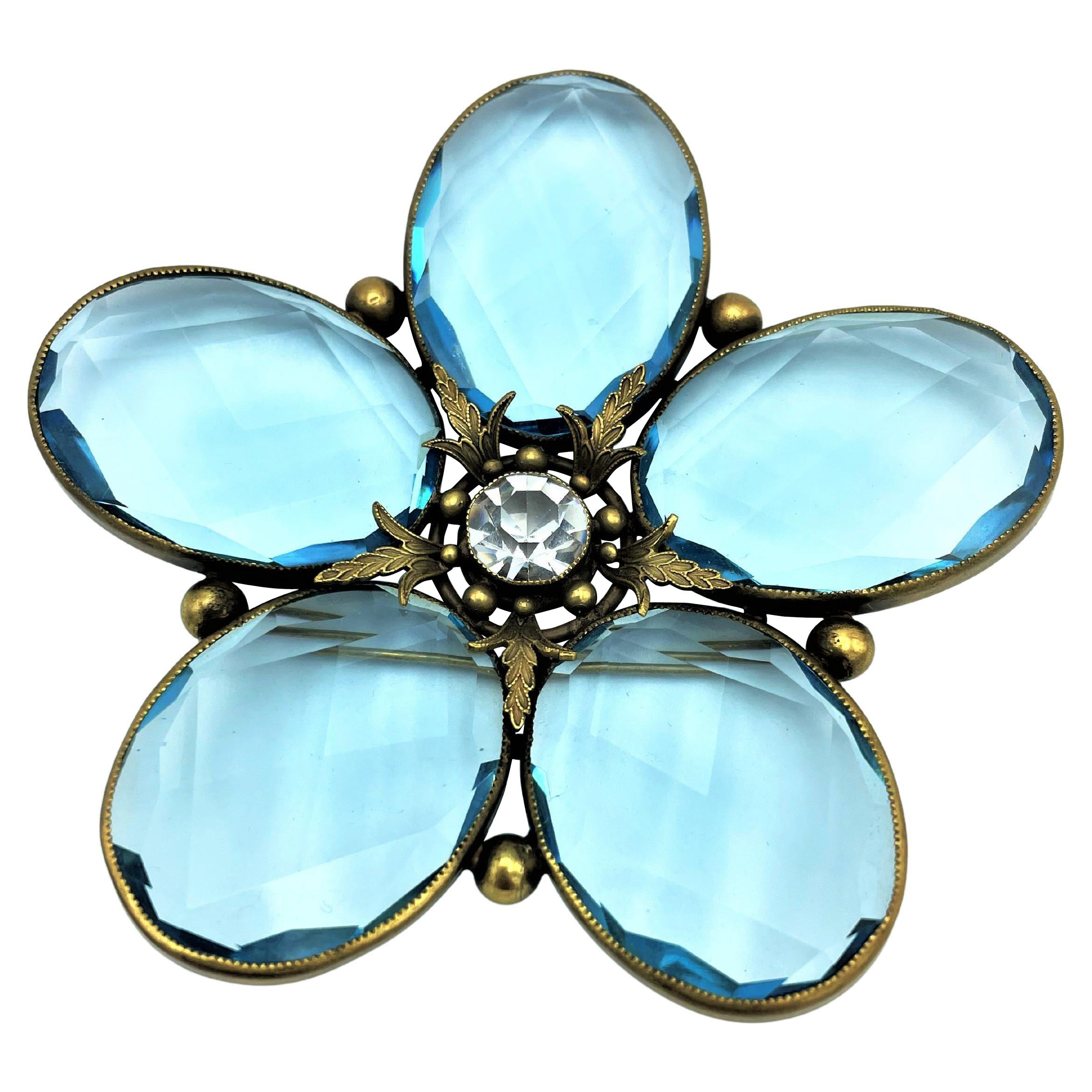 Joseff of Hollywood flower brooch, aqua crystal petals, rhinest brass, 1950s USA For Sale