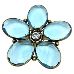 Joseff of Hollywood flower brooch, aqua crystal petals, rhinest brass, 1950s USA