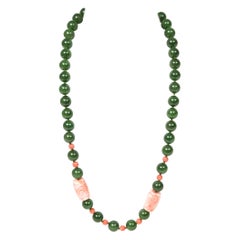Vintage Mid 20th Century Chinese Jade and Carved Coral Bead Necklace With Silver Flower 