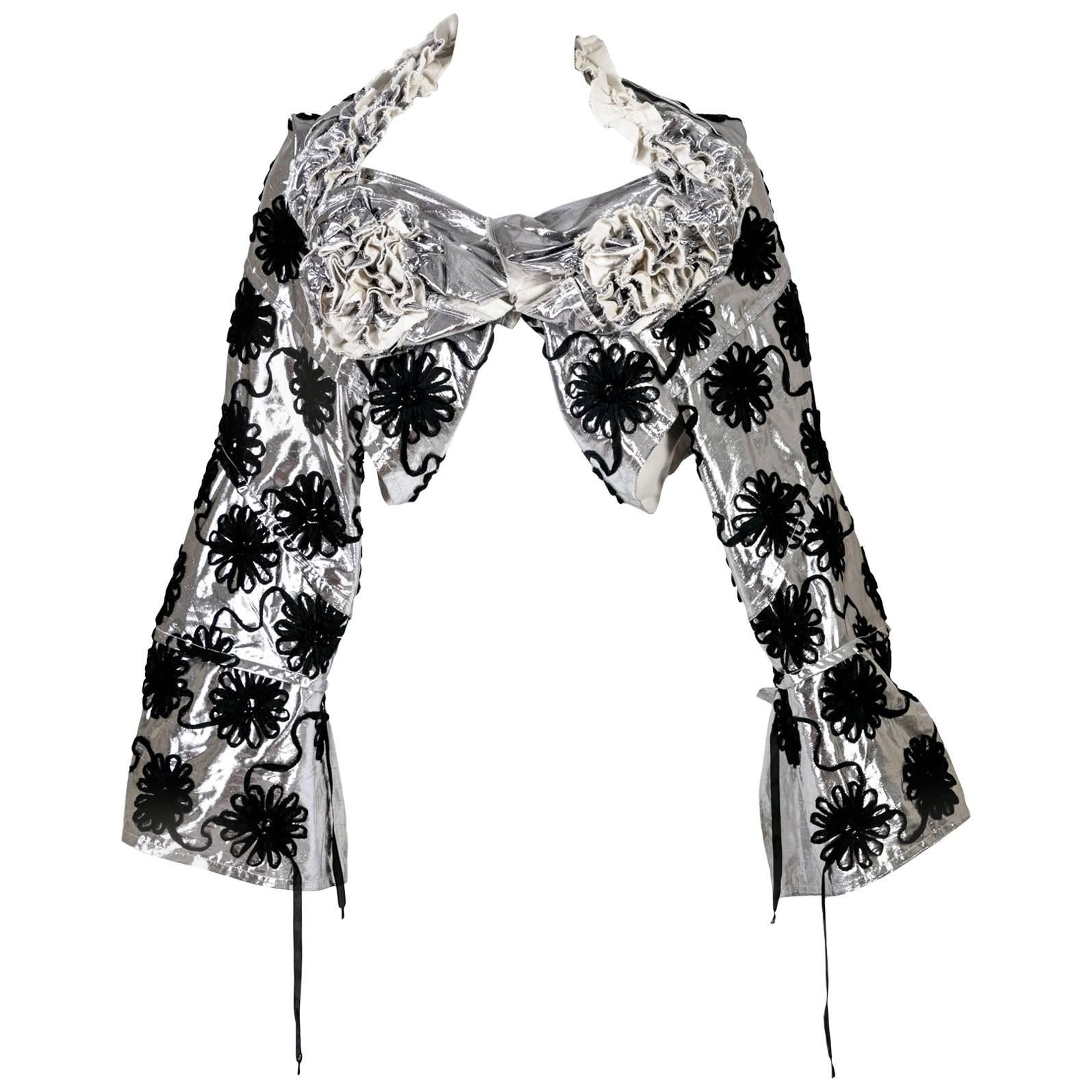 Tao Comme Des Garcons  Cropped Silver Floral  Applique Collar Jacket 2008 For Sale