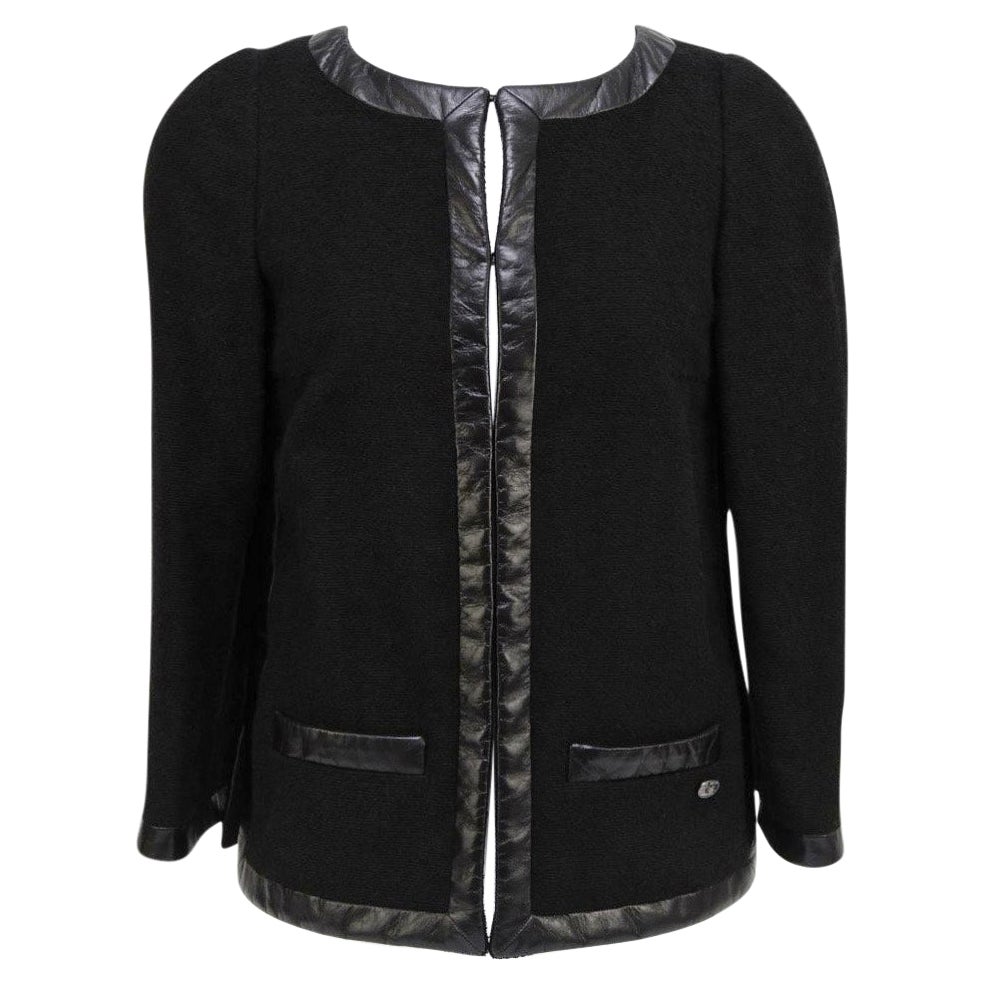 CHANEL 13S Black Tweed Leather Jacket Coat 3/4 Sleeve 34 RUNWAY