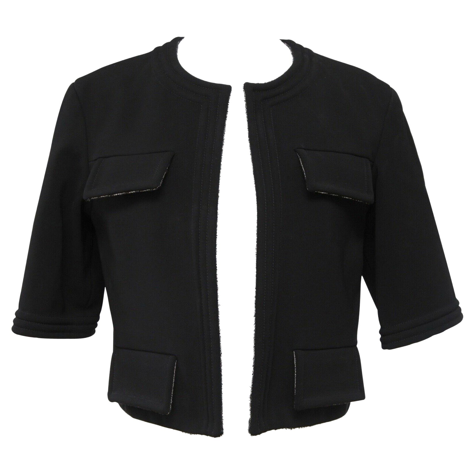 CHANEL Black Jacket Blazer Cropped Collarless Metallic Open Front 38 Fall 2012