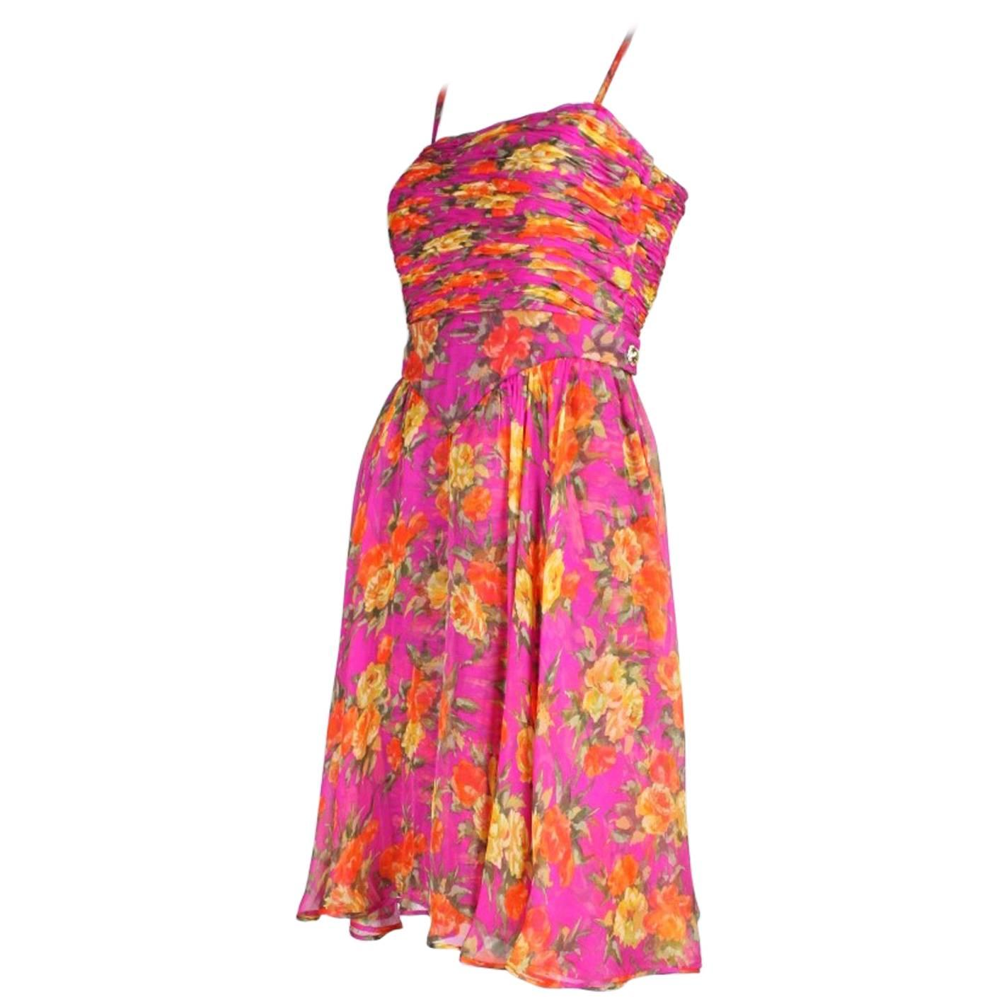 1990's Valentino Floral Printed Silk Chiffon Cocktail Dress For Sale