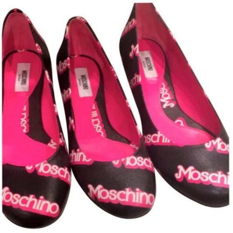 SS15 Moschino Couture Jeremy Scott Barbie Black Pink Logo Flat Ballet Shoes 37.5 For Sale