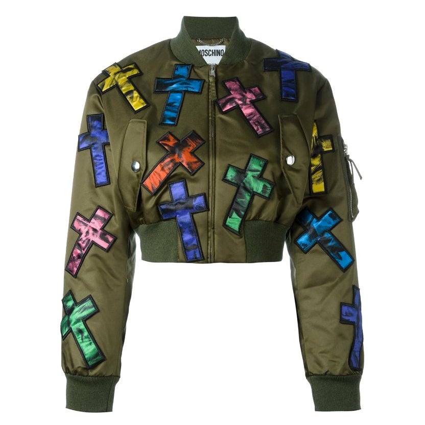 Moschino Couture Jeremy Scott Allover Colorful Cross Patch Cropped Bomber Jacket For Sale
