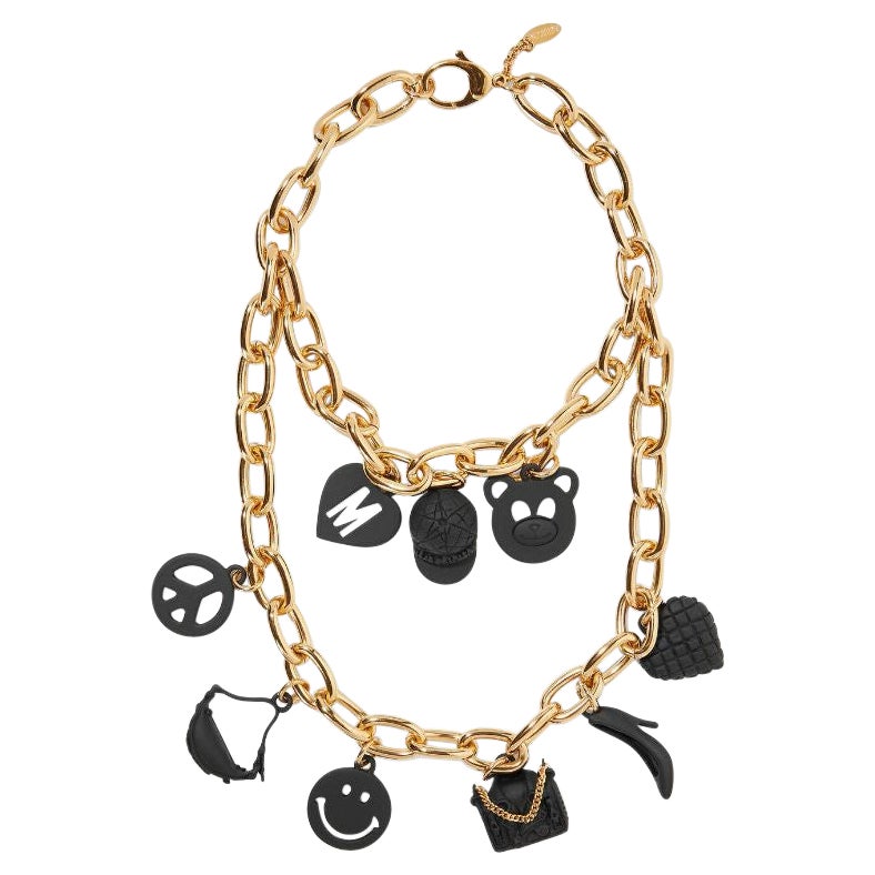 Moschino Couture Jeremy Scott Gold Black Metal Necklace Teddy Peace Smiley For Sale