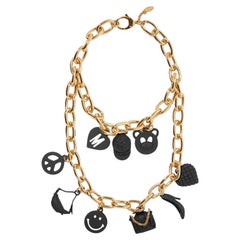 Moschino Couture Jeremy Scott Gold-Halskette aus schwarzem Metall Teddy Peace Smiley