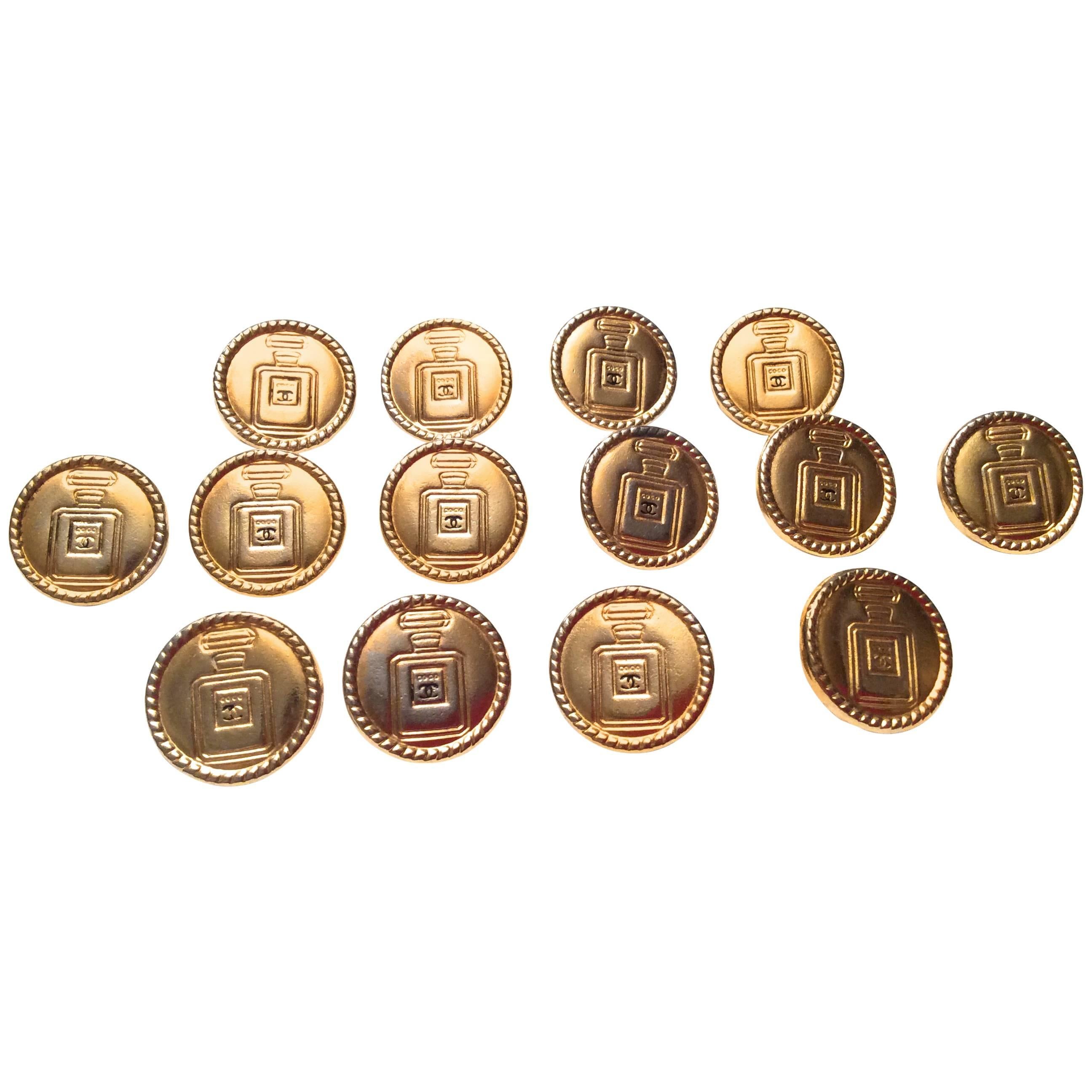 14 Vintage Chanel Gold Tone Buttons - Perfume Bottle Design
