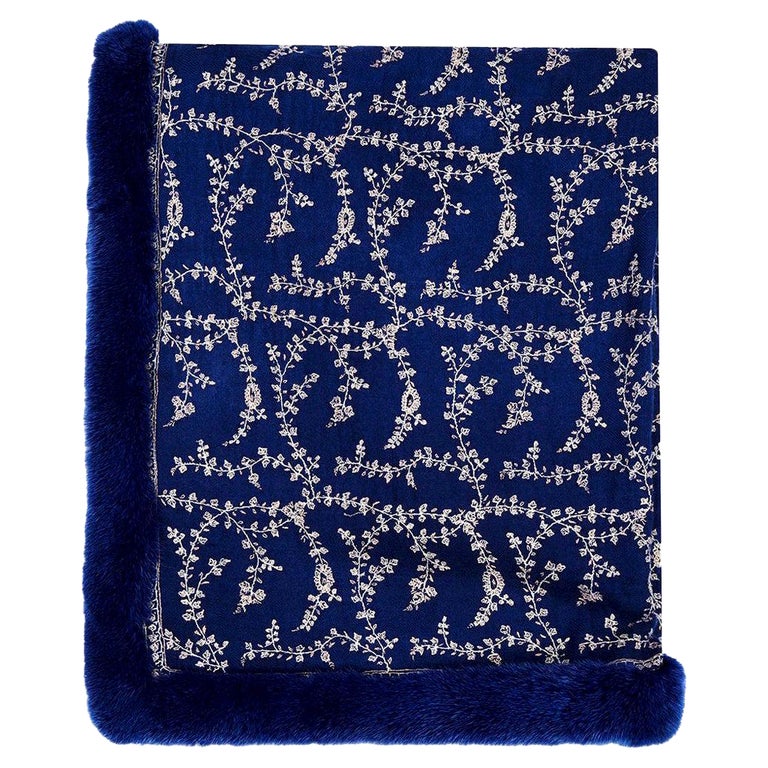 Verheyen London Hand Embroidered Sapphire Blue Shawl Scarf & Blue Mink Fur  For Sale