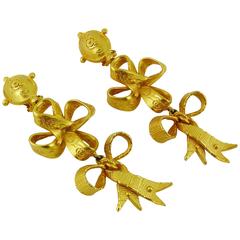Christian Lacroix Vintage Gold Toned Ribbon Dangling Earrings 4