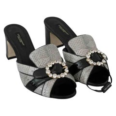 Dolce & Gabbana Black Grey Python Leather Sandals Heels Shoes Crystals Open Toe
