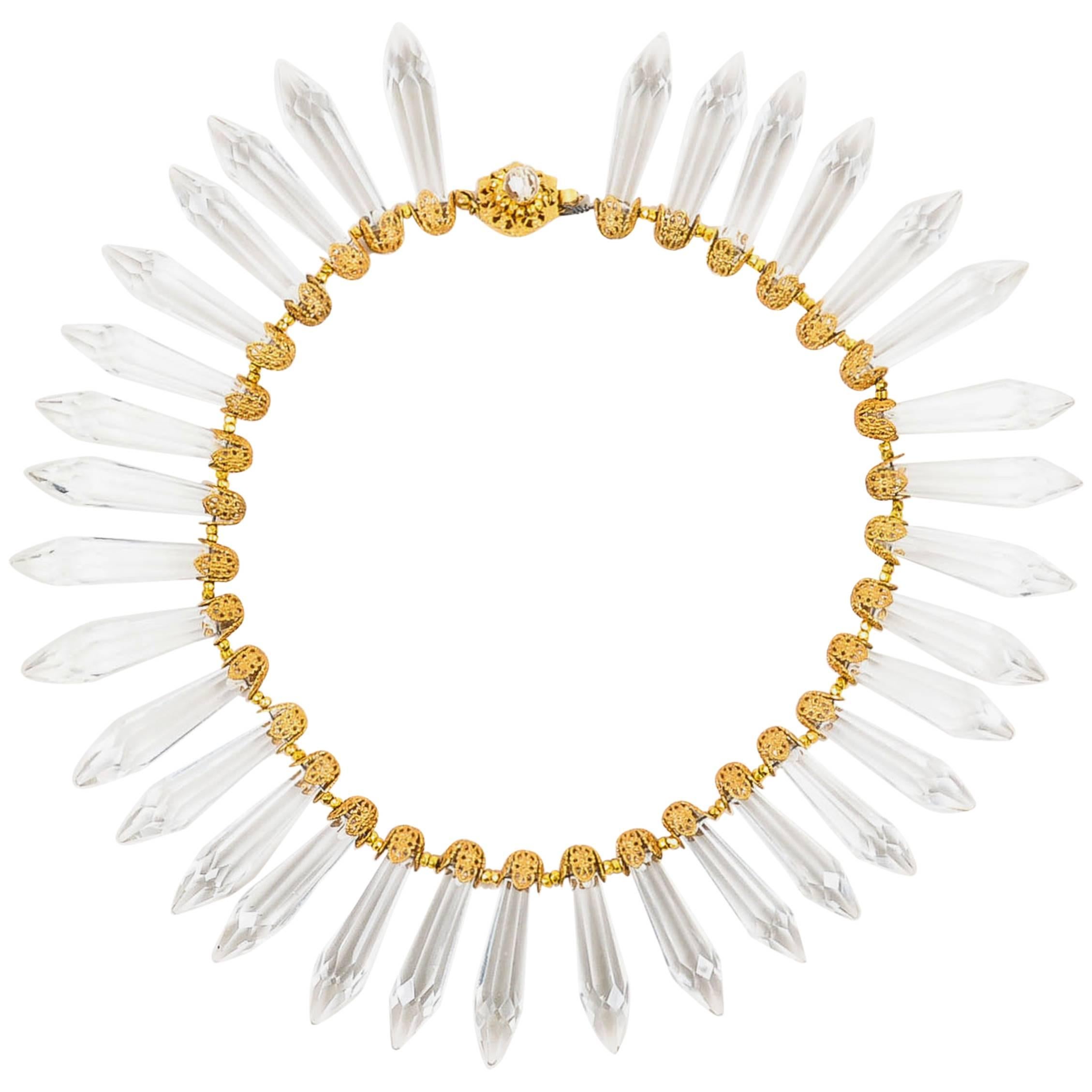 Vintage Miriam Haskell Gold Tone Clear Glass Crystal Spiked Collar Necklace For Sale