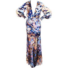 Vintage Galanos Blue Brown Multicolor Silky Sheer Overlay Floral Print LS Dress
