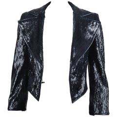 Chanel Navy Blue Patent Leather Feathered Laser Cut Cropped Jacket SZ 36