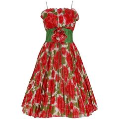 1950's Watercolor Red-Roses Floral Pleated Cotton Applique Full-Skirt Dress 