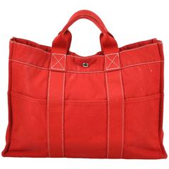 Hermes Red Canvas Beach Tote Bag