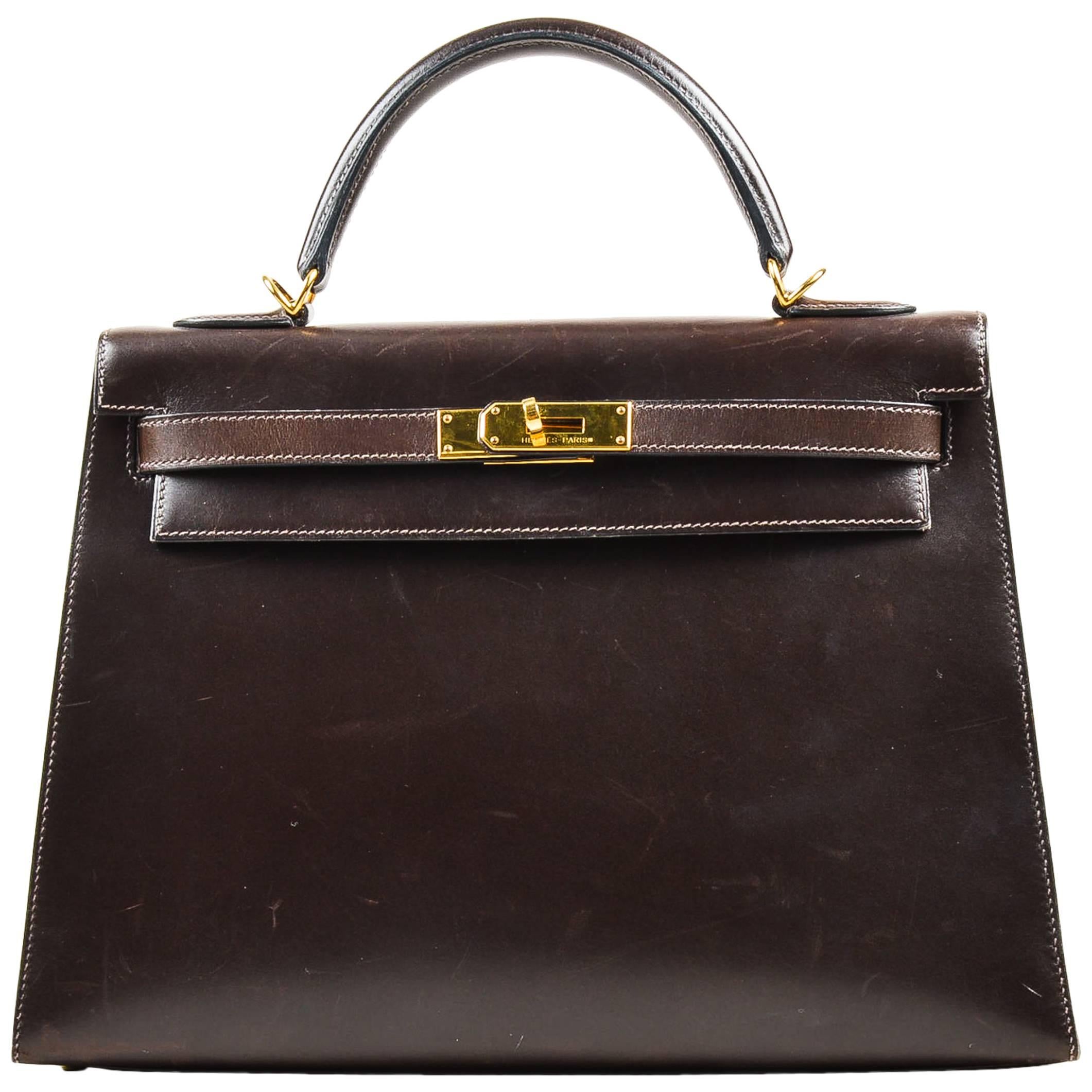 Hermes Brown Box Calf Leather Gold Tone Sellier "Kelly" 32 cm Bag For Sale