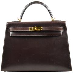 Hermes Brown Box Calf Leather Gold Tone Sellier "Kelly" 32 cm Bag