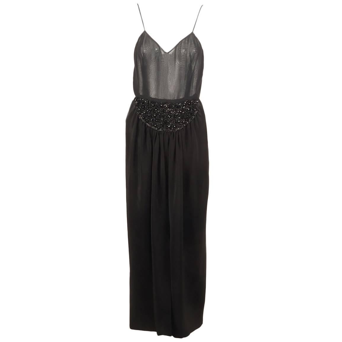 Vintage Oscar de la Renta Black Silk Beaded Sheer Sleeveless Dress SZ 8 For Sale