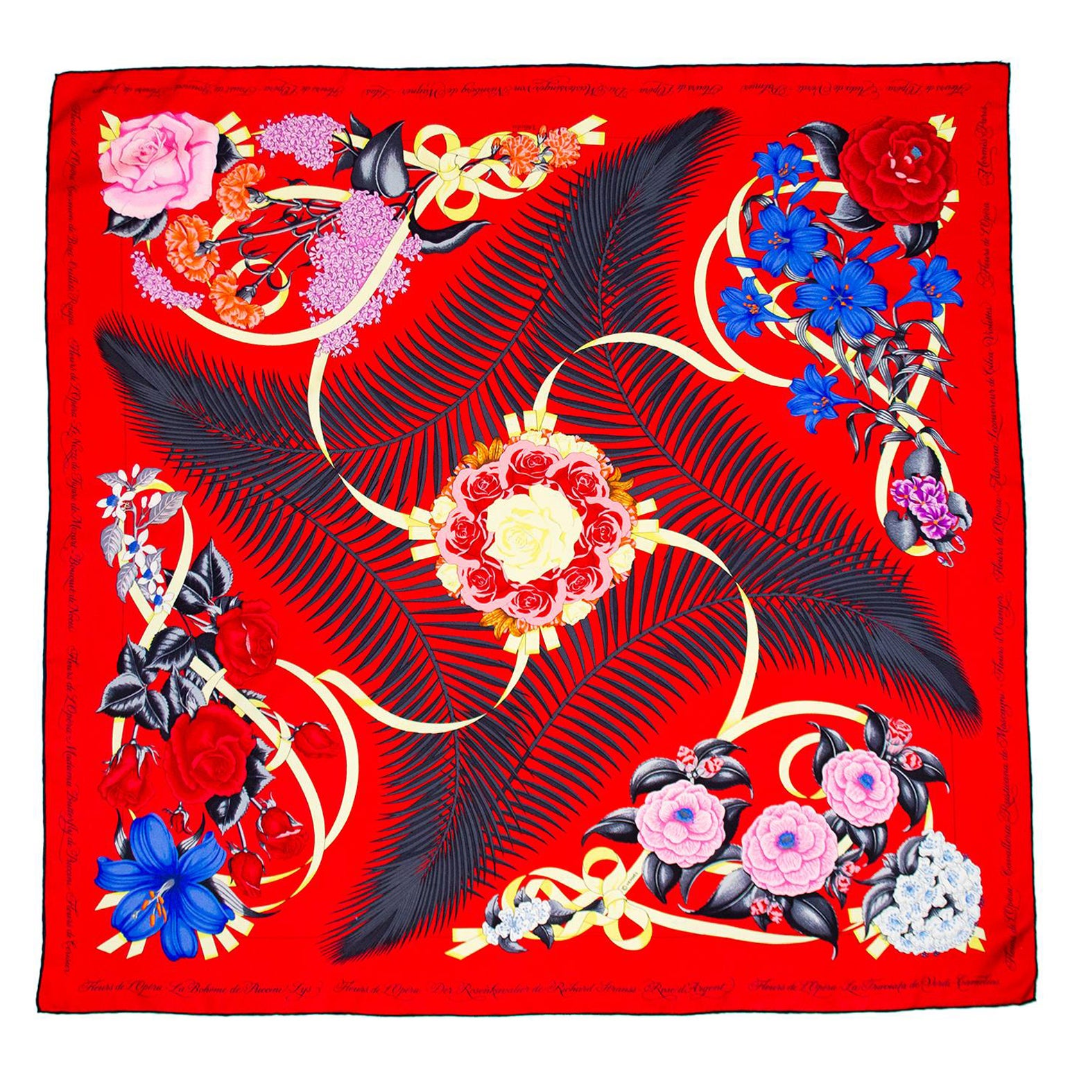 1989 Hermes Red 'Fleurs de L'Opera' Silk Scarf 