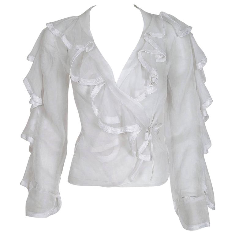 1968 Ossie Clark Documented White Organdy Flounced Ruffle Wrap Dress ...