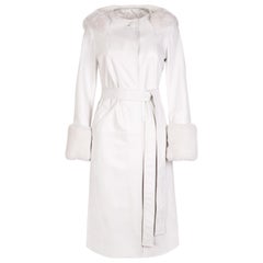 Verheyen Aurora Hooded Leather Trench Coat in White with Faux Fur - Size uk 12 