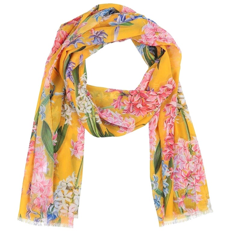 Dolce and Gabbana Yellow Multicolour Silk Flowers Scarf Wrap Cover