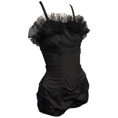 1950s Rose Marie Reid Black Swimsuit with Rhinestoned Tulle Ruffled Bust.