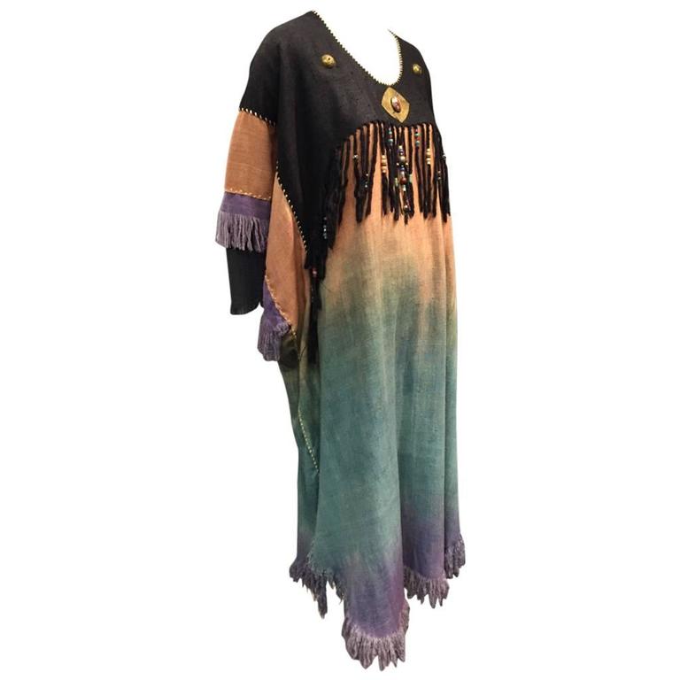 1980s Art-to-Wear Silk Fringed and Beaded Ombré Caftan For Sale at 1stdibs
