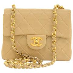 Vintage Chanel 7" Flap Beige Quilted Leather Shoulder Mini Bag