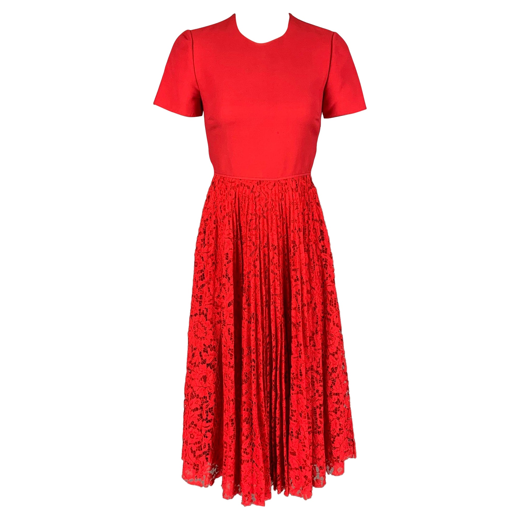 VALENTINO Pre-Fall 19 Size 0 Red Viscose Blend Lace Pleated Dress