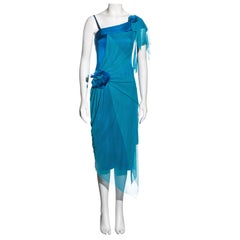 Issey Miyake vestido de seda azul con superposición de malla drapeada, ss 2005