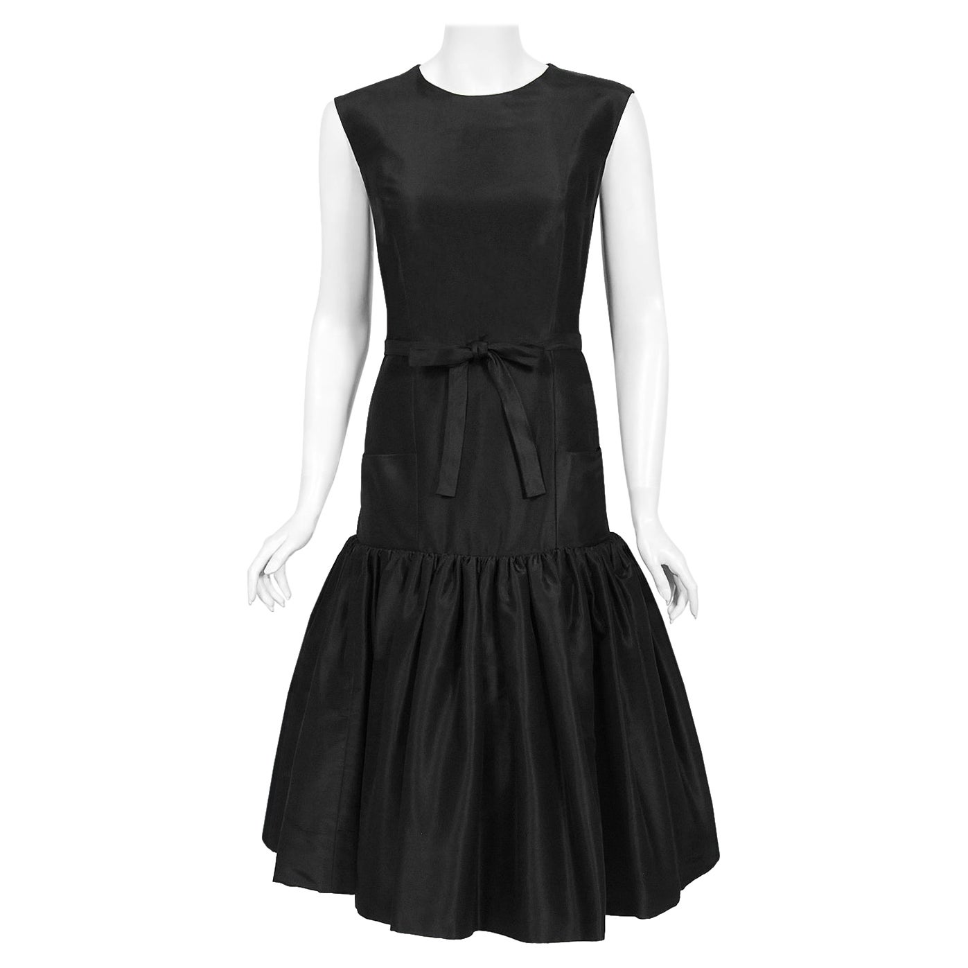 Vintage 1950's Traina-Norell Couture Black Silk Belted Flounce Cocktail Dress