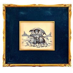 Vintage Tapestry in blue velvet gold wooden frame from 1960 