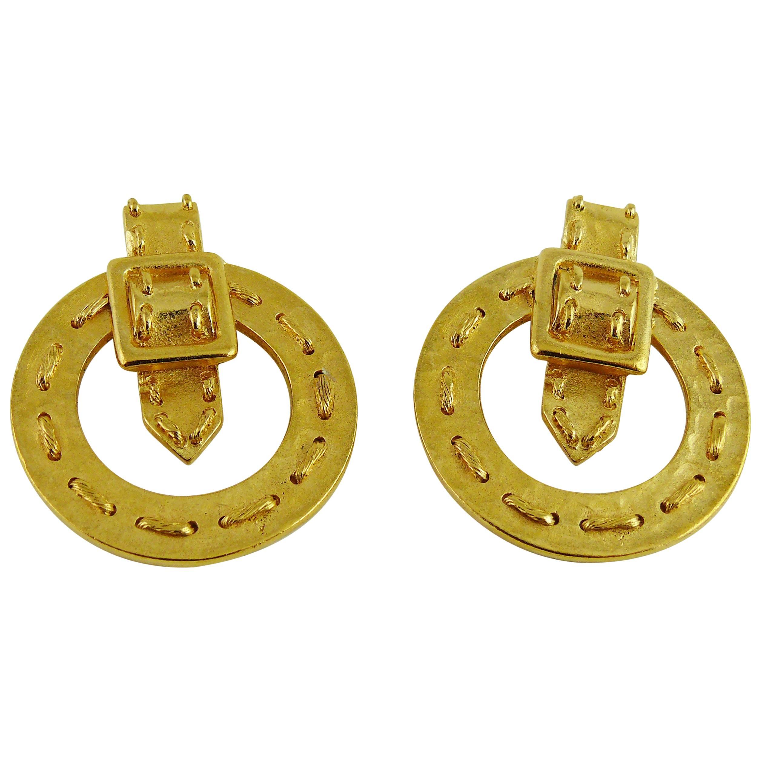 Balenciaga Vintage Gold Toned Belt Buckle Clip-On Earrings For Sale