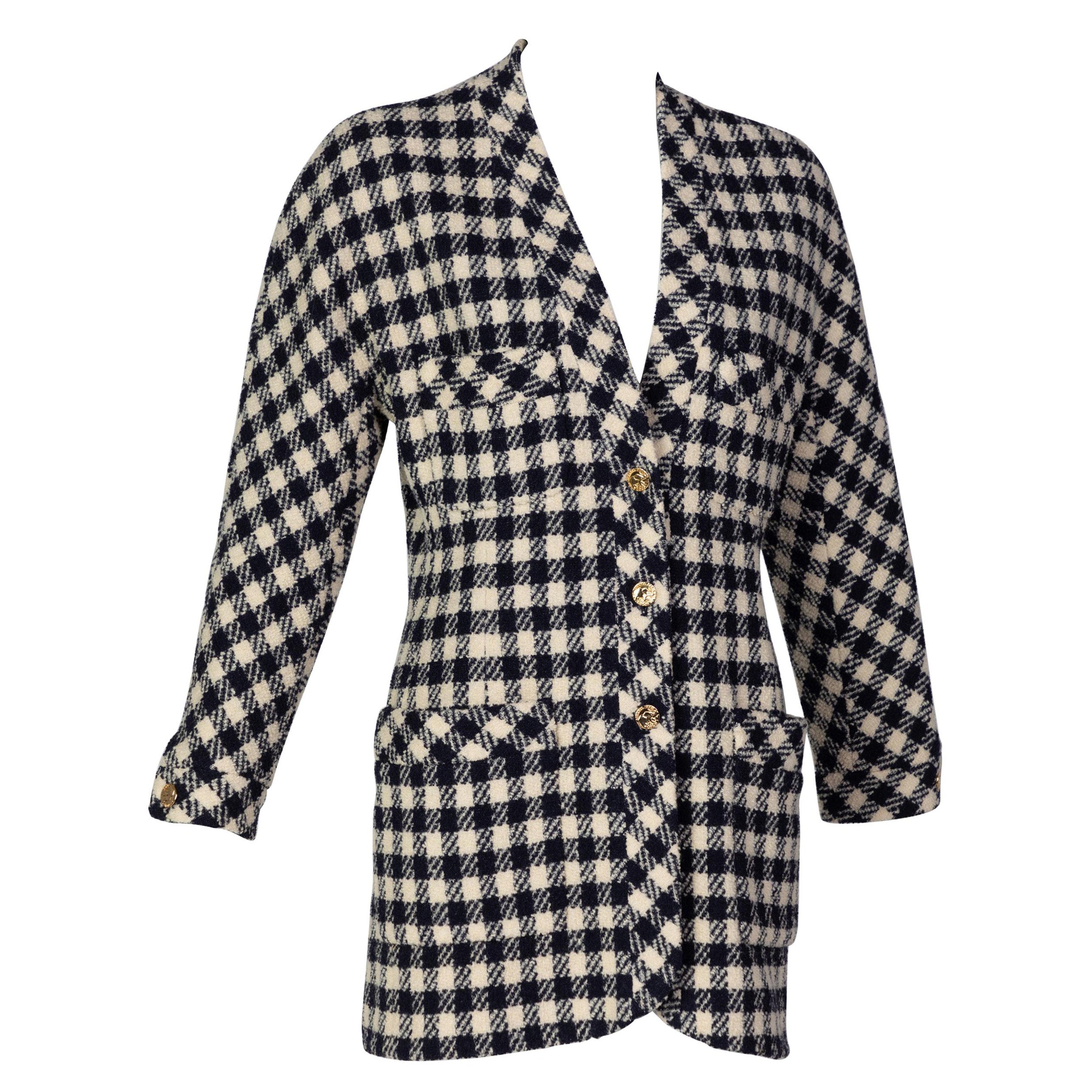 Chanel Midnight Blue Crème Wool Check Gold Button Cardigan Jacket, 1980s For Sale