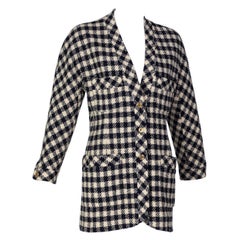 Chanel Navy Blue Crème Wool Check Gold Button Cardigan Jacket, 1980s