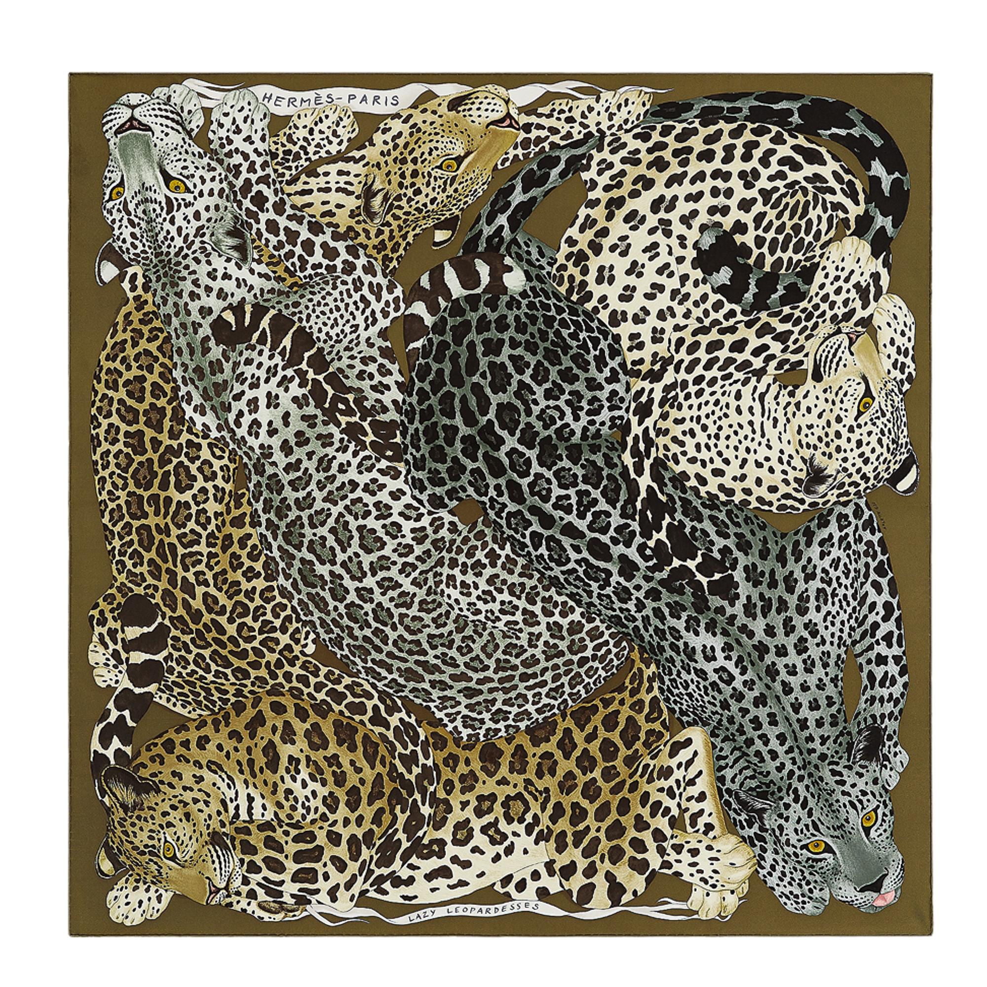 Hermes Lazy Leopardesses Kaki Fonce / Anthrazit / Beige Schal 90 im Angebot