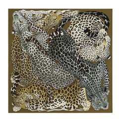 Hermes Lazy Leopardesses Kaki Fonce / Anthracite / Beige Scarf 90